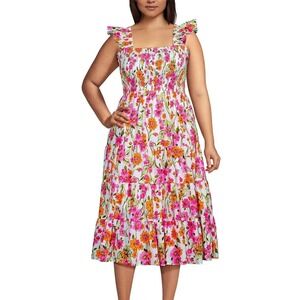 Lands' End NWOT Chambray Smocked Midi Dress White Floral Cotton Ruffle Straps 1X